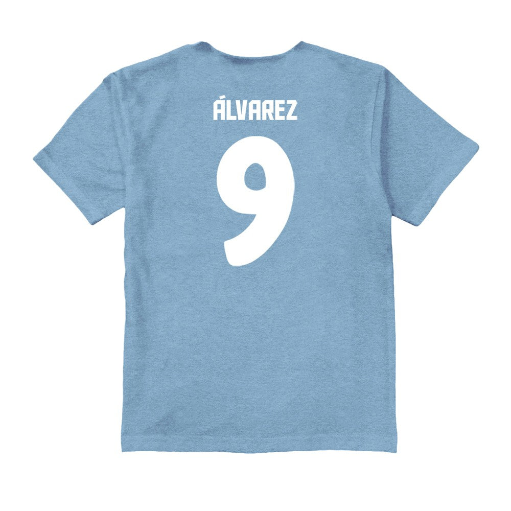 Julián Álvarez Argentina National Team Vive La Fete Youth Player Name & Number Color Badge T-Shirt for sale - Light Blue