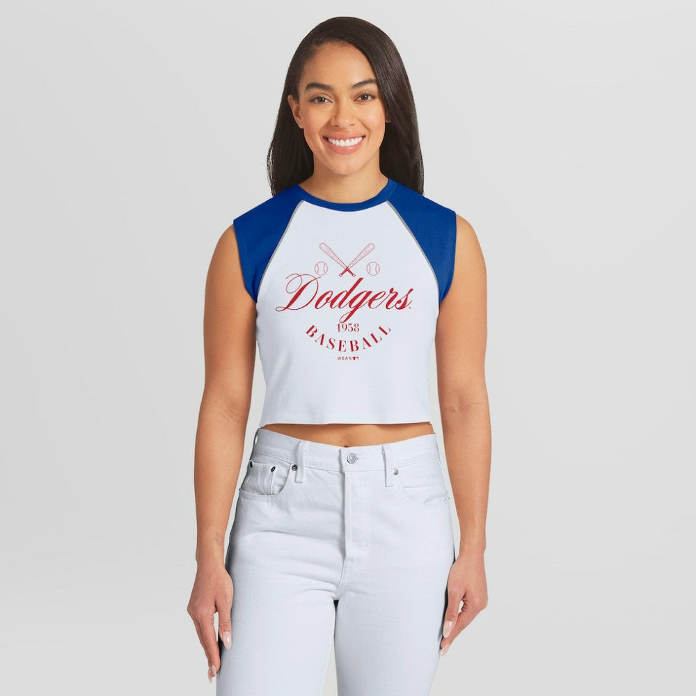 Los Angeles Dodgers WEAR by Erin Andrews Women's Cooperstown Cropped Raglan Tank Top - MLB Tanks