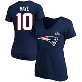 New England Patriots Drake Maye Women's Super Bowl LX Patch Plus Size Name & Number V-Neck T-Shirt | NFL Discount