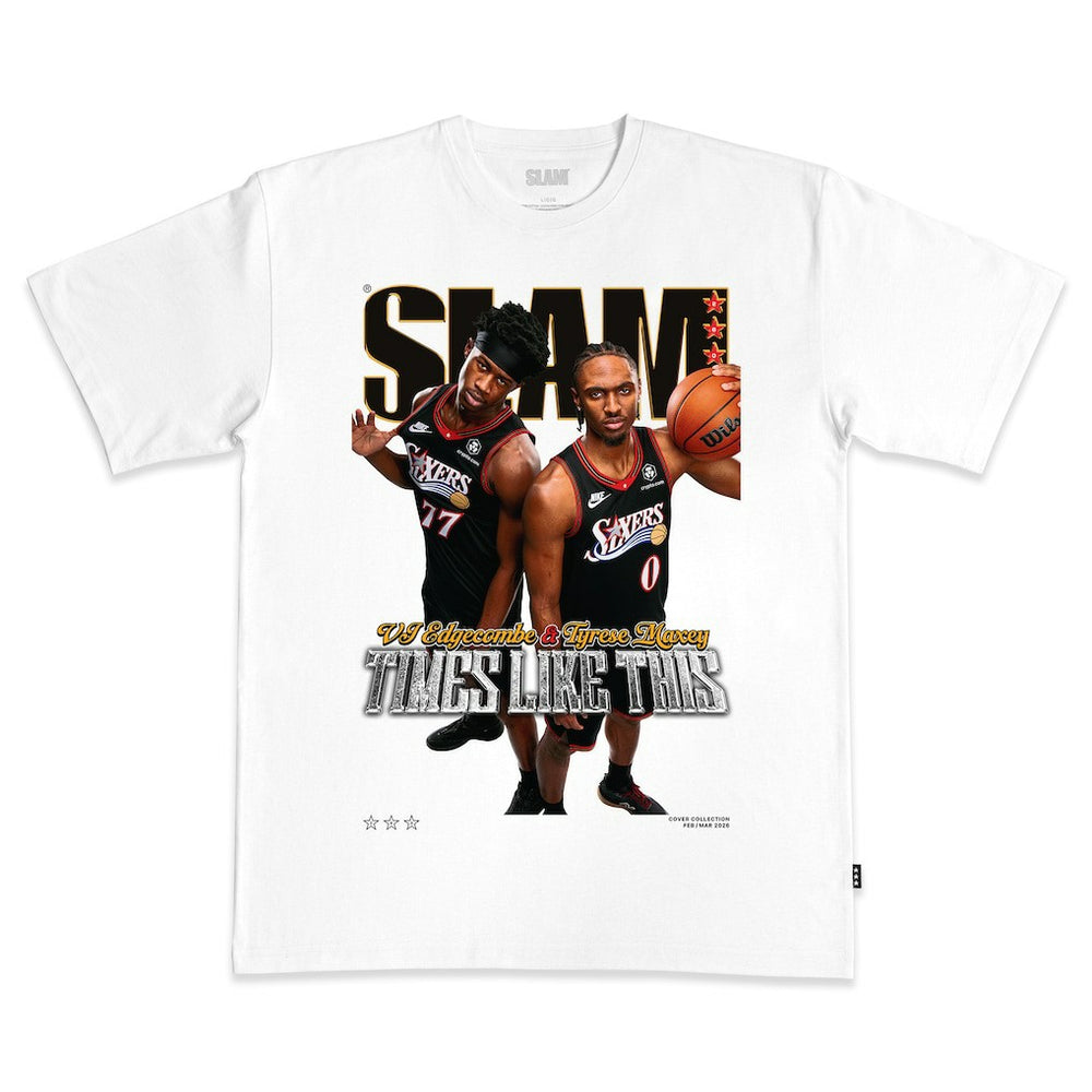 White VJ Edgecombe & Tyrese Maxey Philadelphia 76ers SLAM Unisex Cover T-Shirt | NBA