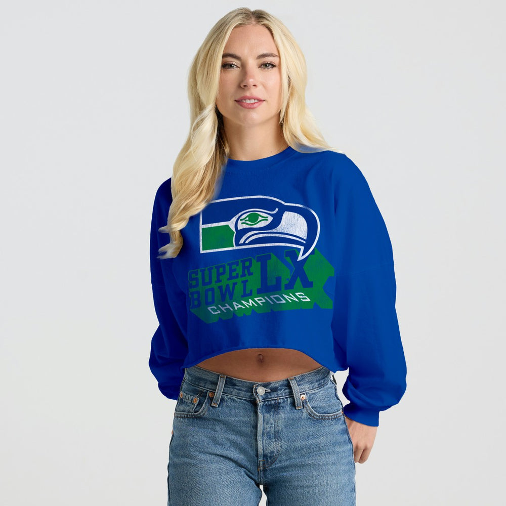 Seattle Seahawks Spirit Jersey Women's Super Bowl LX s Retro Cropped Long Sleeve T-Shirt | NFL Discount