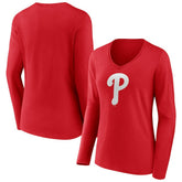 Philadelphia Phillies Women's Team Color Primary Logo V-Neck Long Sleeve T-Shirt - MLB T-shirts