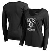 Black Brooklyn Nets Women's Primary Logo V-Neck Long Sleeve T-Shirt | NBA