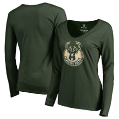 Green Milwaukee Bucks Women's Primary Logo V-Neck Long Sleeve T-Shirt | NBA
