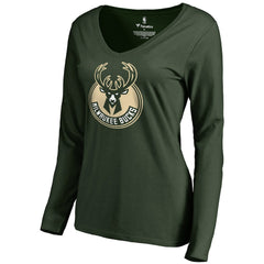 Green Milwaukee Bucks Women's Primary Logo V-Neck Long Sleeve T-Shirt | NBA