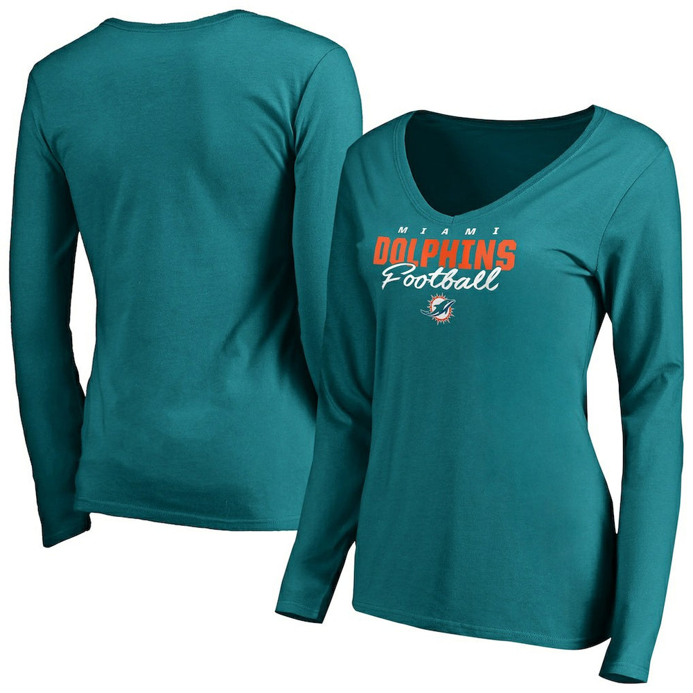 Miami Dolphins Women's Iconic Collection Script Assist Long Sleeve V-Neck T-Shirt | NFL US