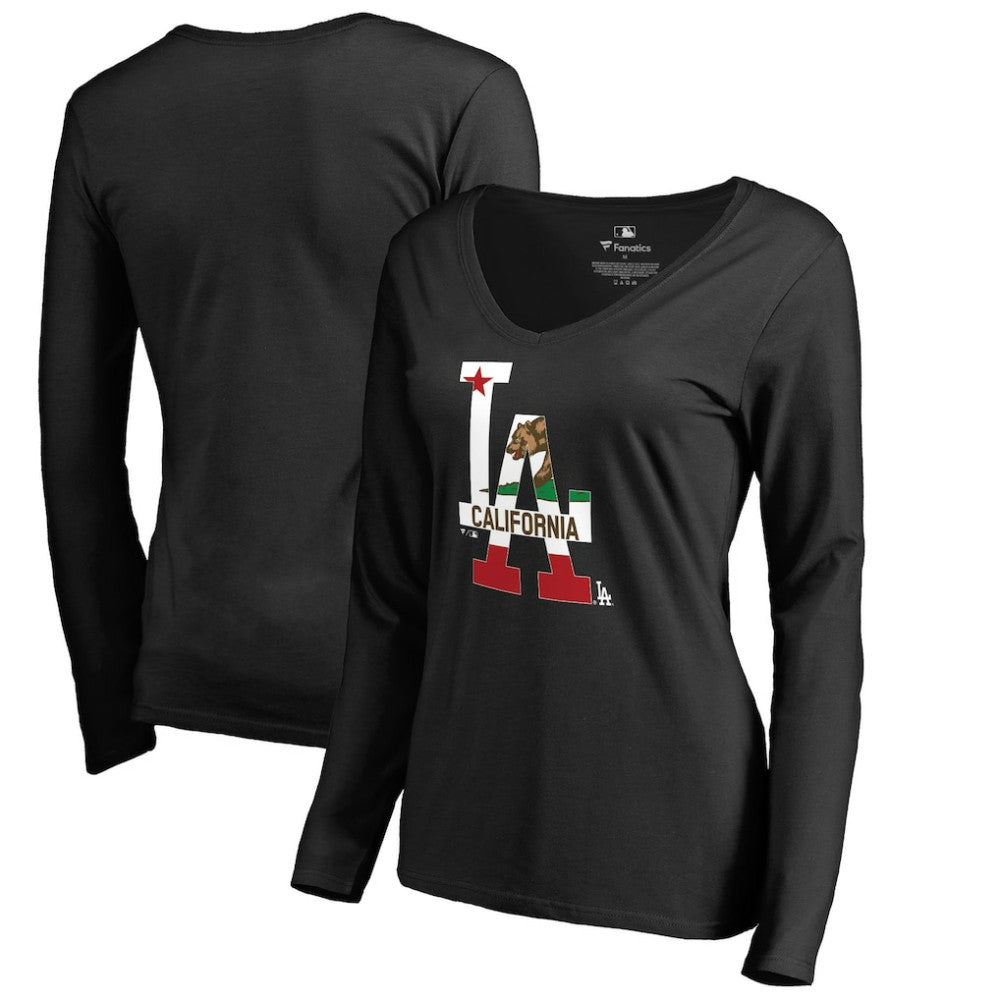 Los Angeles Dodgers Women's Hometown Collection Cali Flag Long Sleeve V-Neck T-Shirt - MLB T-shirts