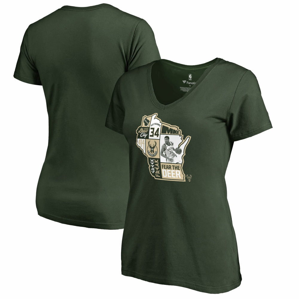 Hunter Green Giannis Antetokounmpo Milwaukee Bucks Women's Player State V-Neck T-Shirt | NBA