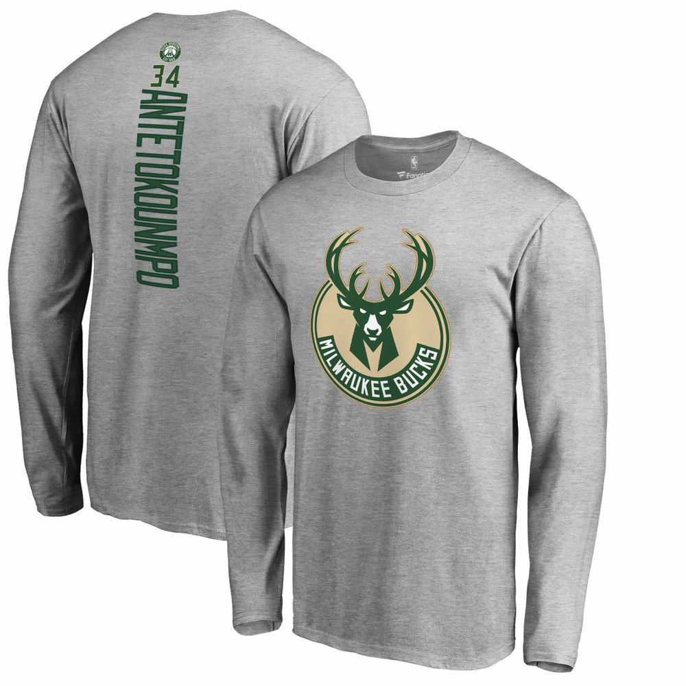 Heathered Gray Giannis Antetokounmpo Milwaukee Bucks Team Backer Name & Number Long Sleeve T-Shirt | NBA