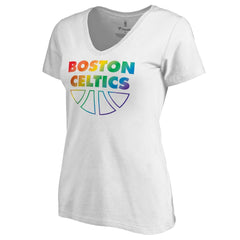 White Boston Celtics Women's Team Pride Wordmark V-Neck T-Shirt | NBA