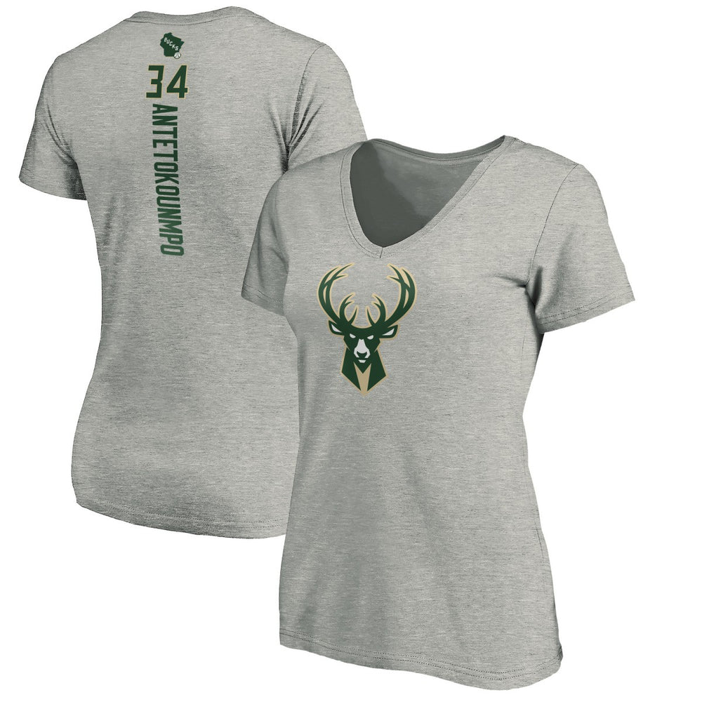 Heathered Gray Giannis Antetokounmpo Milwaukee Bucks Women's Playmaker Name & Number V-Neck T-Shirt | NBA