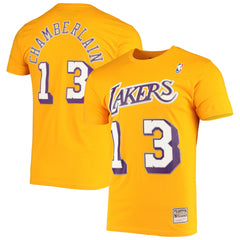 Gold Wilt Chamberlain Los Angeles Lakers Hardwood Classics Stitch Name & Number T-Shirt | NBA