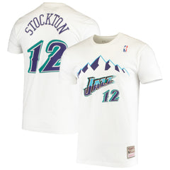White John Stockton Utah Jazz Hardwood Classics Stitch Name & Number T-Shirt | NBA