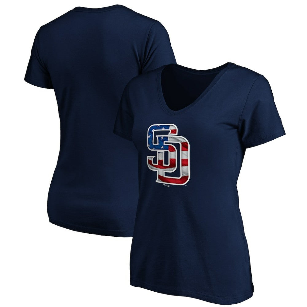 San Diego Padres Logo Women's Banner Wave V-Neck T-Shirt - MLB T-shirts