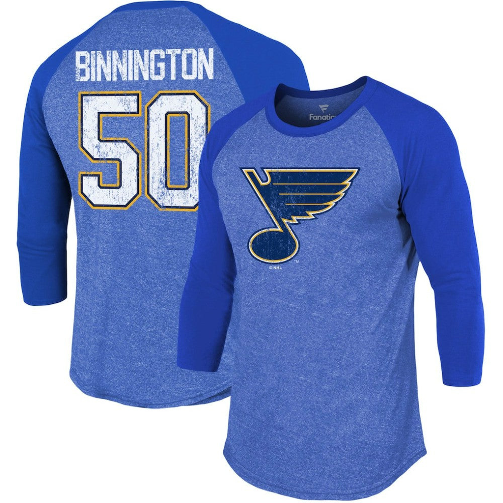 Jordan Binnington St. Louis Blues Fanatics Name & Number Tri-Blend Raglan 3/4-Sleeve T-Shirt - NHL T-shirts