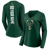 Hunter Green Milwaukee Bucks Women's Playmaker Personalized Name & Number Long Sleeve V-Neck T-Shirt | NBA