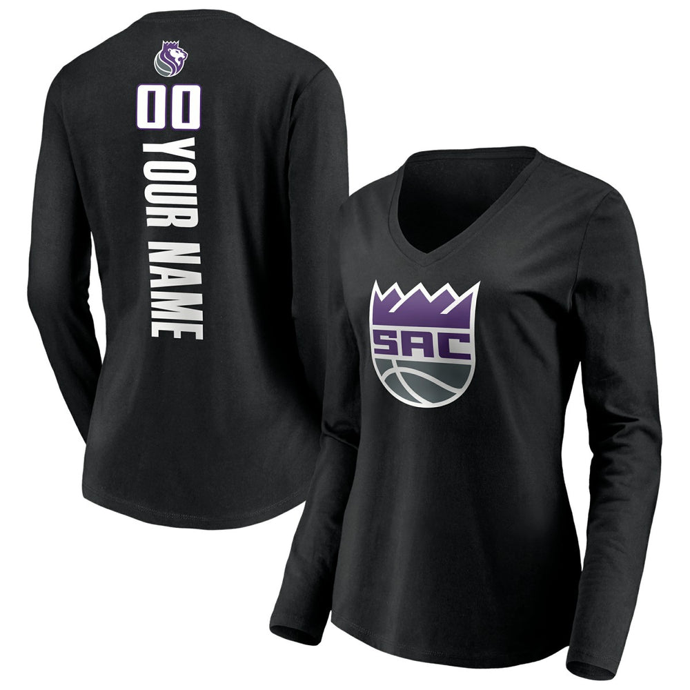 Black Sacramento Kings Women's Playmaker Personalized Name & Number Long Sleeve V-Neck T-Shirt | NBA