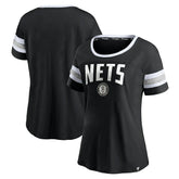 Black/Heathered Gray Brooklyn Nets Women's Block Party Striped Sleeve T-Shirt | NBA