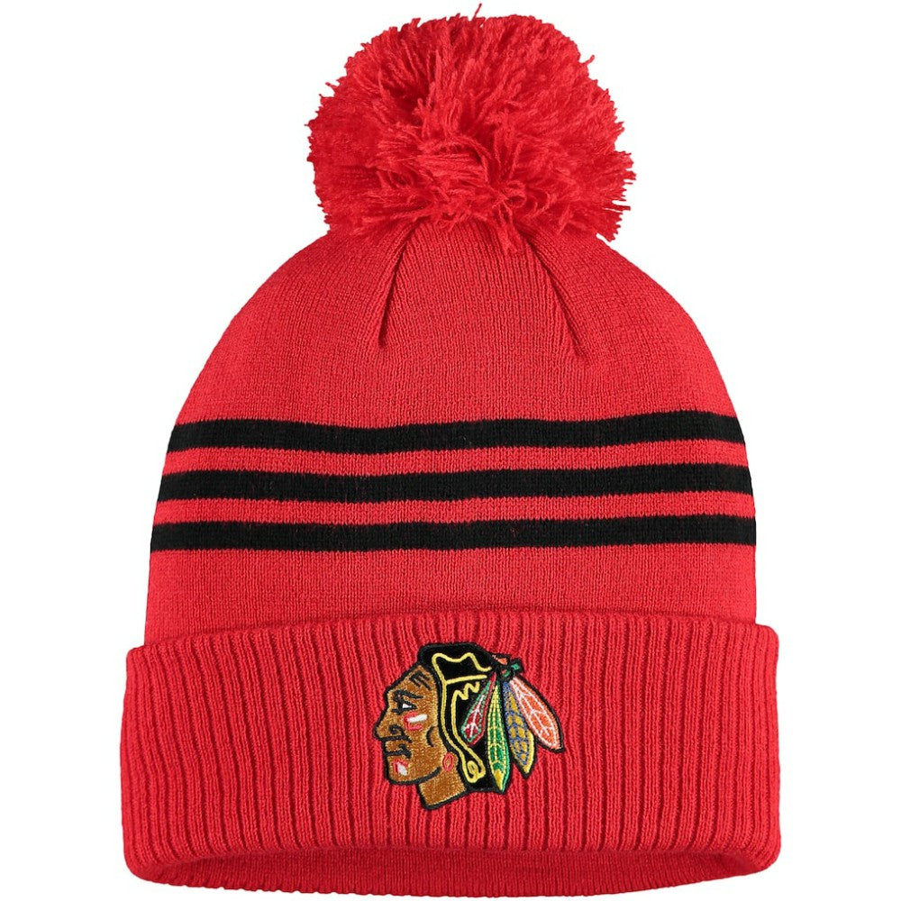 Chicago Blackhawks adidas Locker Room Three Stripe Cuffed Knit Hat with Pom - NHL Hats