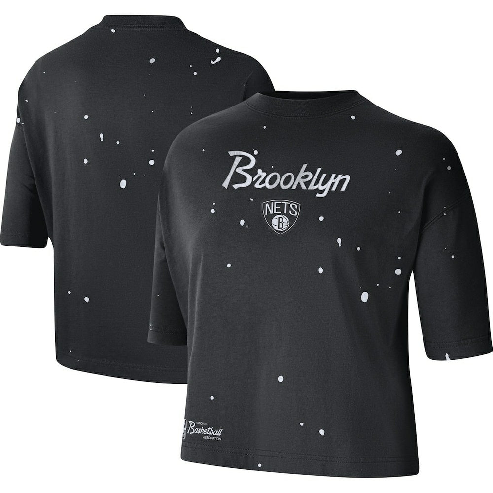 Black Brooklyn Nets Women's Courtside Splatter Cropped T-Shirt | NBA