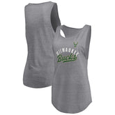 Heathered Gray Milwaukee Bucks Women's Quality Time Open Scoop Neck Tri-Blend Tank Top | NBA
