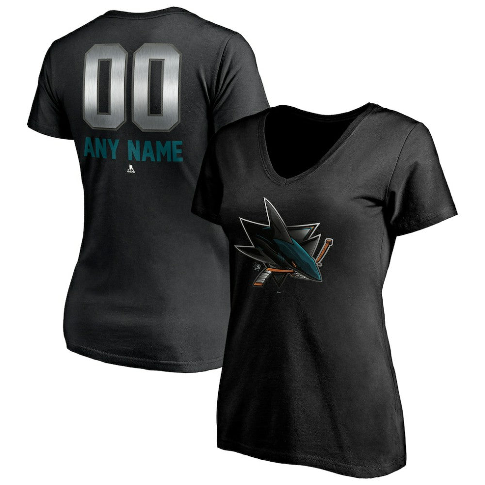 San Jose Sharks Women's Personalized Midnight Mascot Logo V-Neck T-Shirt - NHL T-shirts
