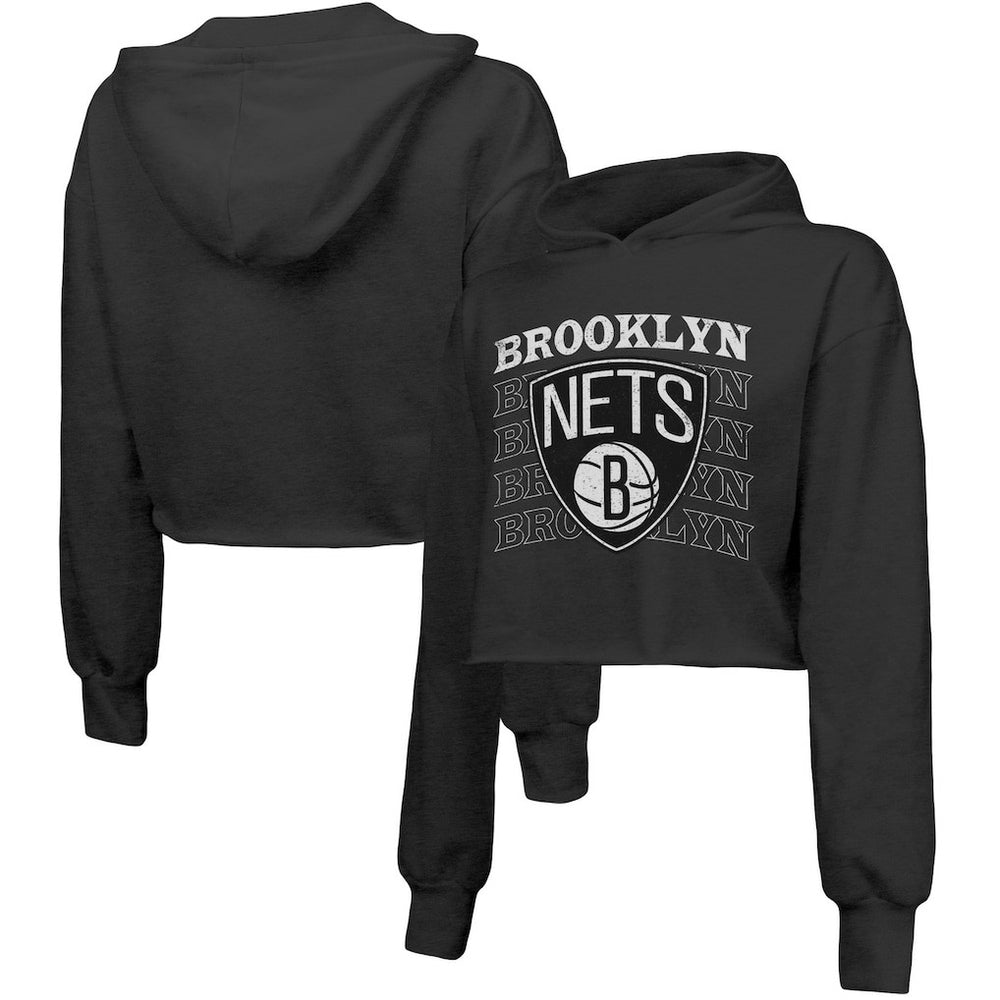 Black Brooklyn Nets Majestic Threads Women's Repeat Cropped Tri-Blend Pullover Hoodie | NBA