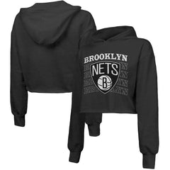 Black Brooklyn Nets Majestic Threads Women's Repeat Cropped Tri-Blend Pullover Hoodie | NBA