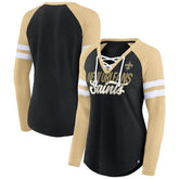 New Orleans Saints Women's True to Form Raglan Lace-Up V-Neck Long Sleeve T-Shirt | NFL New