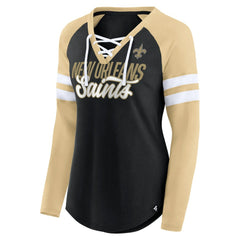 New Orleans Saints Women's True to Form Raglan Lace-Up V-Neck Long Sleeve T-Shirt | NFL New