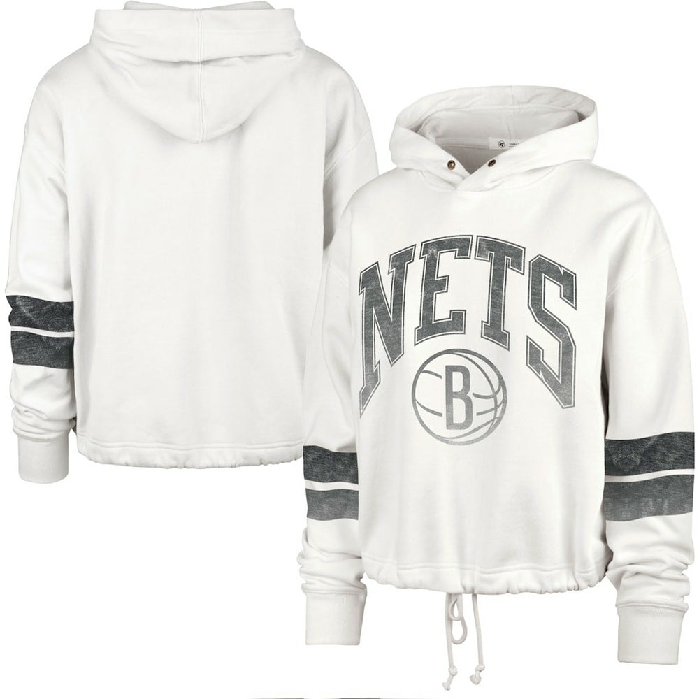 Cream Brooklyn Nets '47 Women's Emerson Stripe Cropped Pullover Hoodie | NBA