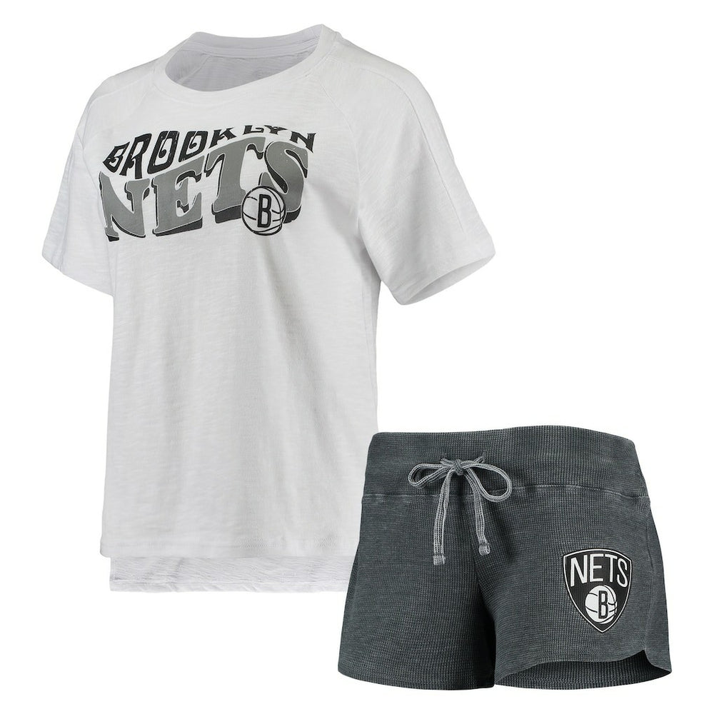Charcoal/White Brooklyn Nets Concepts Sport Women's Resurgence Slub Burnout Raglan Top & Shorts Sleep Set | NBA