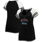 Miami Marlins Soft as a Grape Women's Curvy Color Block Tri-Blend Raglan V-Neck T-Shirt - MLB T-shirts