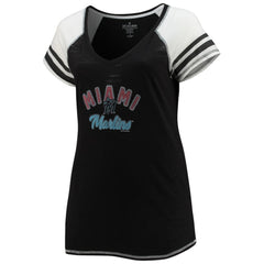 Miami Marlins Soft as a Grape Women's Curvy Color Block Tri-Blend Raglan V-Neck T-Shirt - MLB T-shirts
