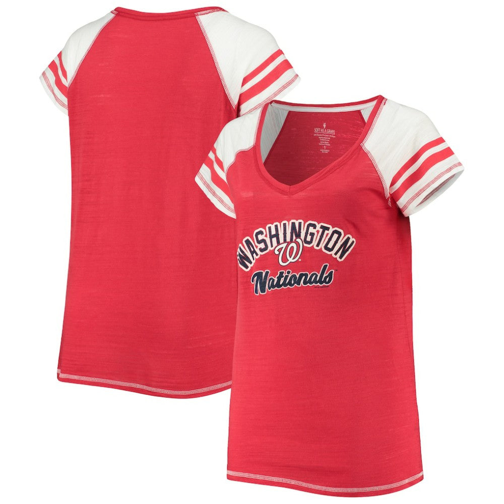 Washington Nationals Soft as a Grape Women's Curvy Color Block Tri-Blend Raglan V-Neck T-Shirt - MLB T-shirts