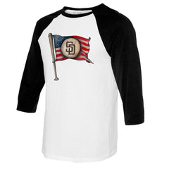 San Diego Padres Tiny Turnip Women's Baseball Flag Raglan 3/4 Sleeve T-Shirt - MLB T-shirts