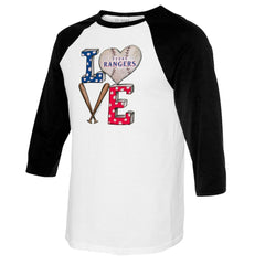 Texas Rangers Tiny Turnip Women's Baseball Love Raglan 3/4-Sleeve T-Shirt - MLB T-shirts