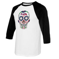 Atlanta Braves Tiny Turnip Women's Sugar Skull 3/4-Sleeve Raglan T-Shirt - MLB T-shirts