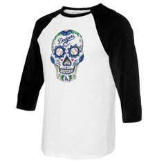 Los Angeles Dodgers Tiny Turnip Women's Sugar Skull 3/4-Sleeve Raglan T-Shirt - MLB T-shirts