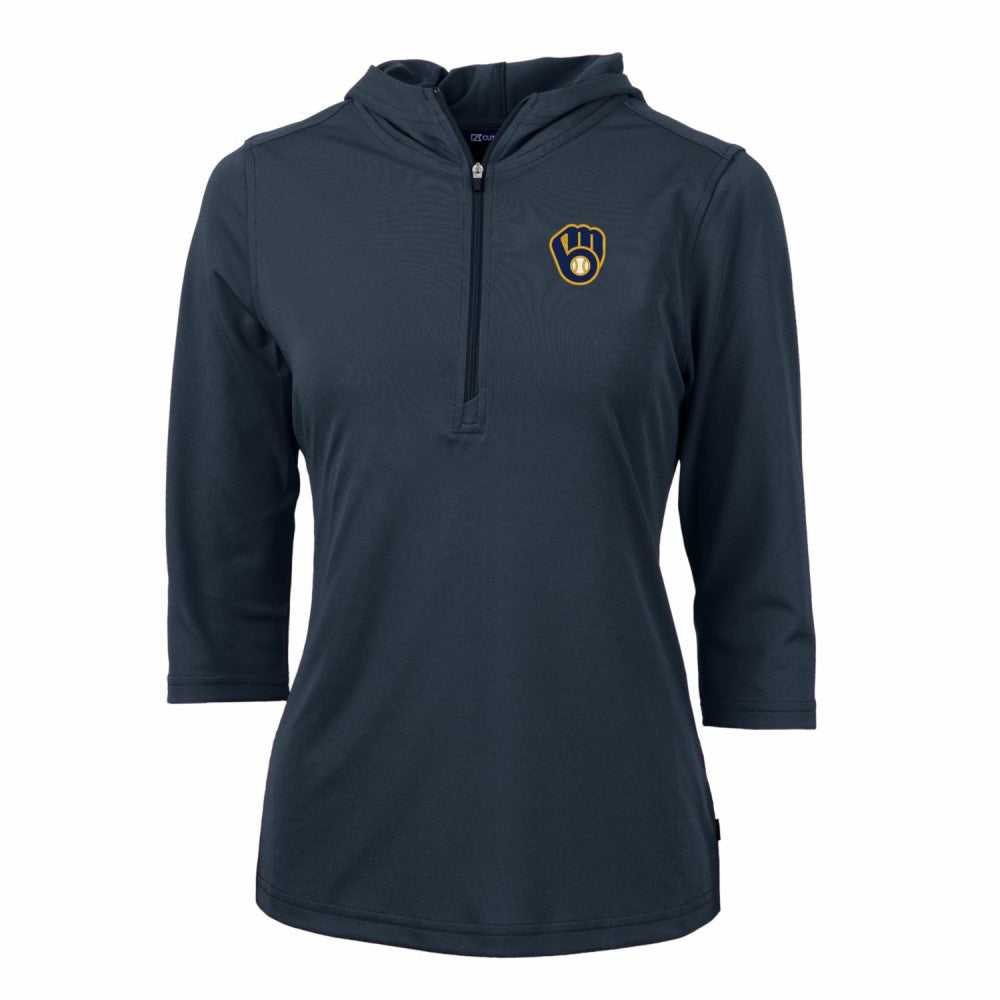 Milwaukee Brewers Cutter & Buck Women's Virtue Eco Pique 3/4 Sleeve Half-Zip Pullover Hoodie - MLB Hoodies
