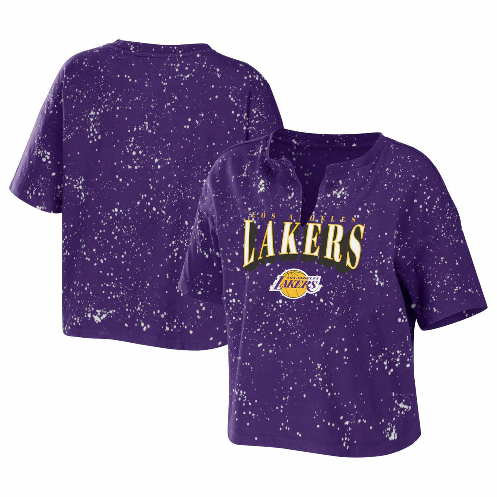 Purple Los Angeles Lakers WEAR by Erin Andrews Women's Bleach Splatter Notch Neck T-Shirt | NBA