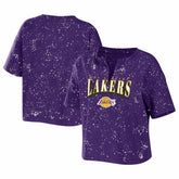 Purple Los Angeles Lakers WEAR by Erin Andrews Women's Bleach Splatter Notch Neck T-Shirt | NBA