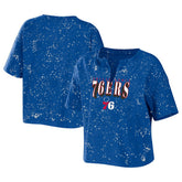 Royal Philadelphia 76ers WEAR by Erin Andrews Women's Bleach Splatter Notch Neck T-Shirt | NBA