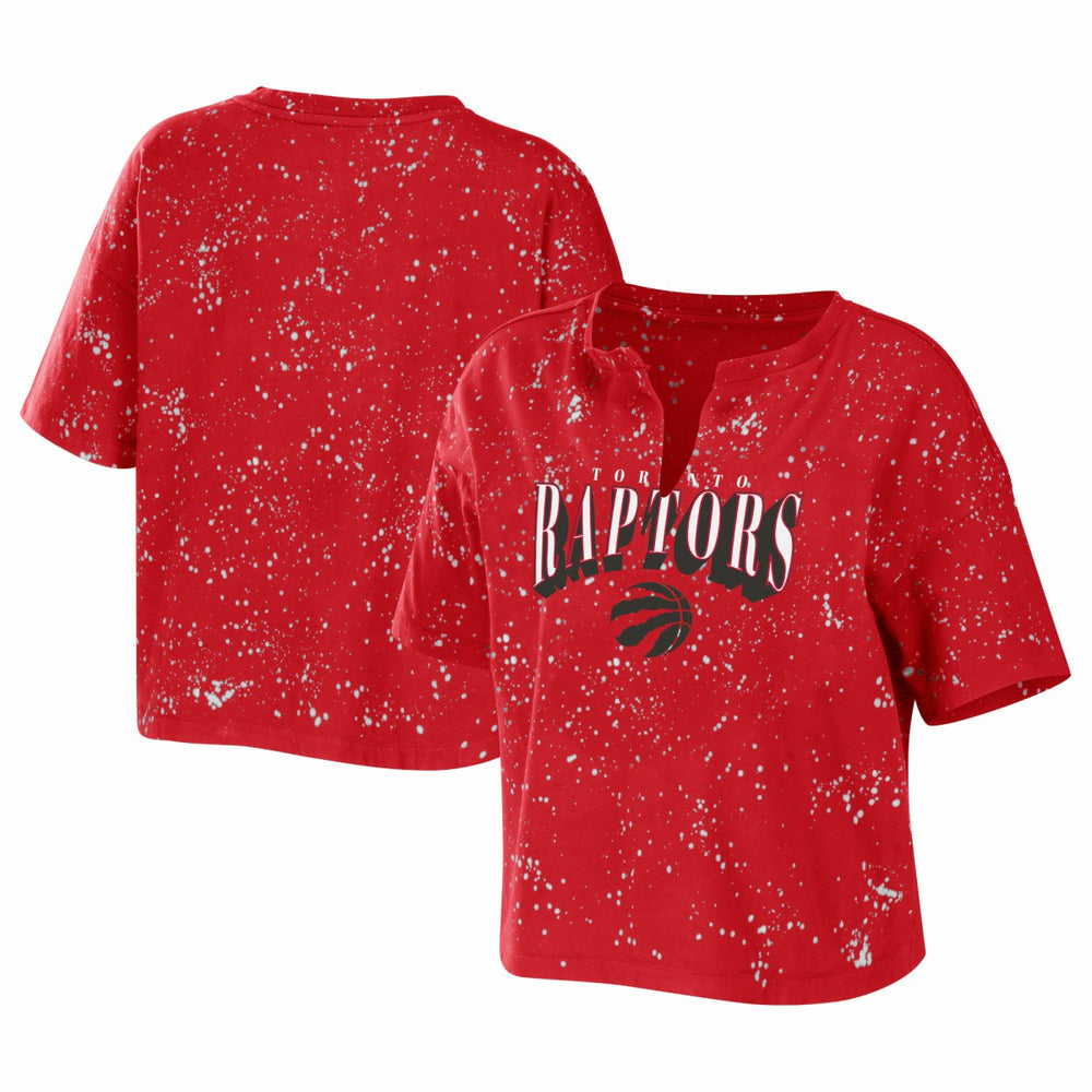 Red Toronto Raptors WEAR by Erin Andrews Women's Bleach Splatter Notch Neck T-Shirt | NBA