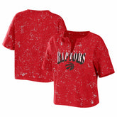 Red Toronto Raptors WEAR by Erin Andrews Women's Bleach Splatter Notch Neck T-Shirt | NBA