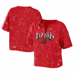 Red Toronto Raptors WEAR by Erin Andrews Women's Bleach Splatter Notch Neck T-Shirt | NBA