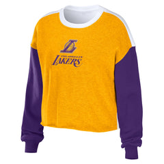 Heather Gold Los Angeles Lakers WEAR by Erin Andrews Women's Mixed Letter Cropped Pullover Sweatshirt | NBA