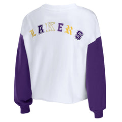 Heather Gold Los Angeles Lakers WEAR by Erin Andrews Women's Mixed Letter Cropped Pullover Sweatshirt | NBA