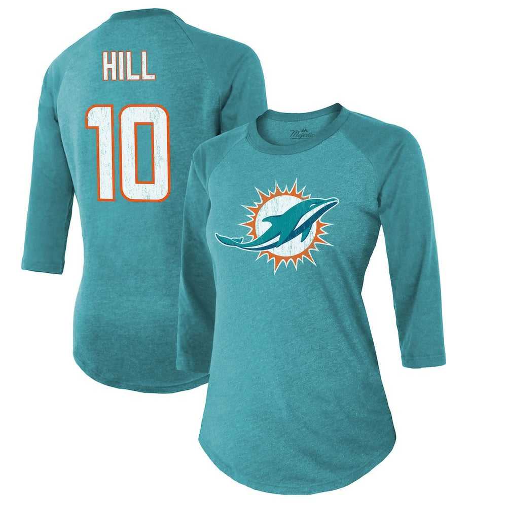Miami Dolphins Tyreek Hill Majestic Threads Women's Name & Number Raglan 3/4 Sleeve T-Shirt | NFL US