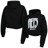 Black Brooklyn Nets Lusso Women's Layla World Tour Cropped Pullover Hoodie | NBA